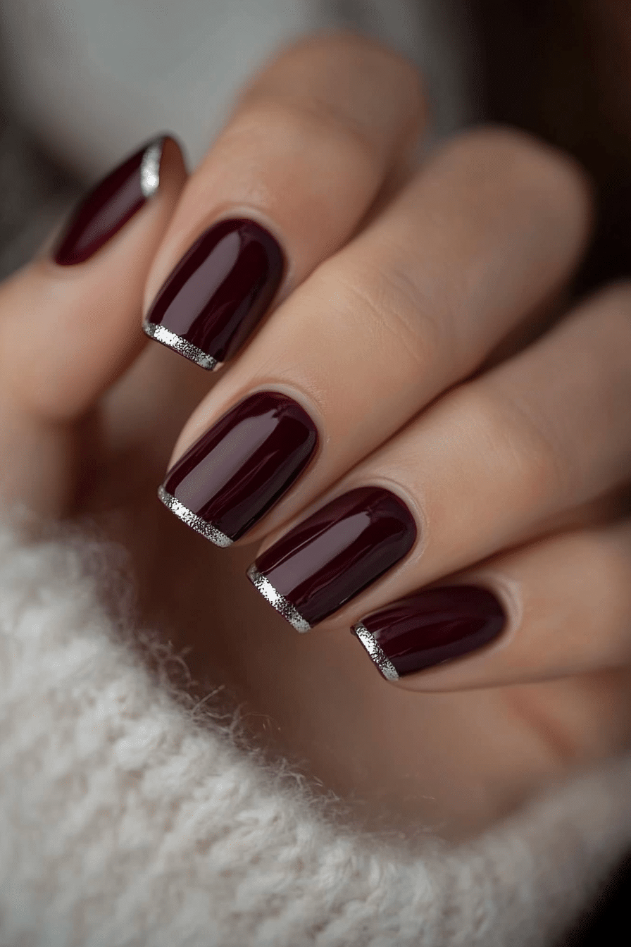 24. Burgundy with Metallic Foil Edges (Burgundy Nail Design Ideas) - Burgundy Nail Design Ideas