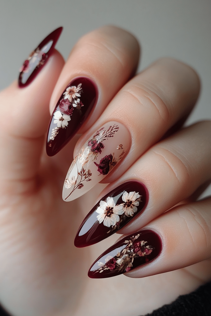 26. Burgundy Pressed Flower Nails (Burgundy Nail Design Ideas) - Burgundy Nail Design Ideas
