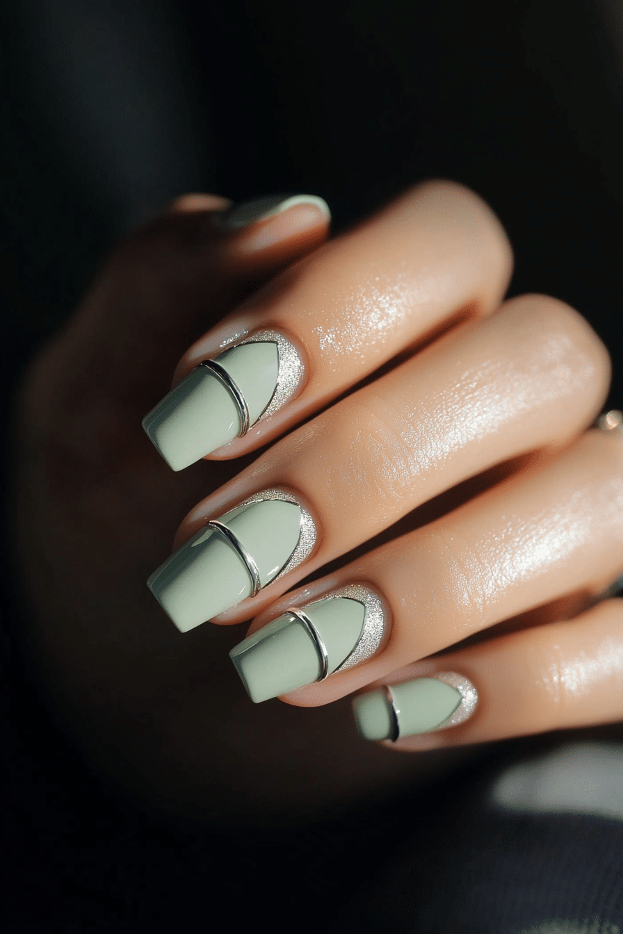 6. Muted Sage Art Deco Lines (Classy Nail Design Ideas) - Classy Nail Design Ideas