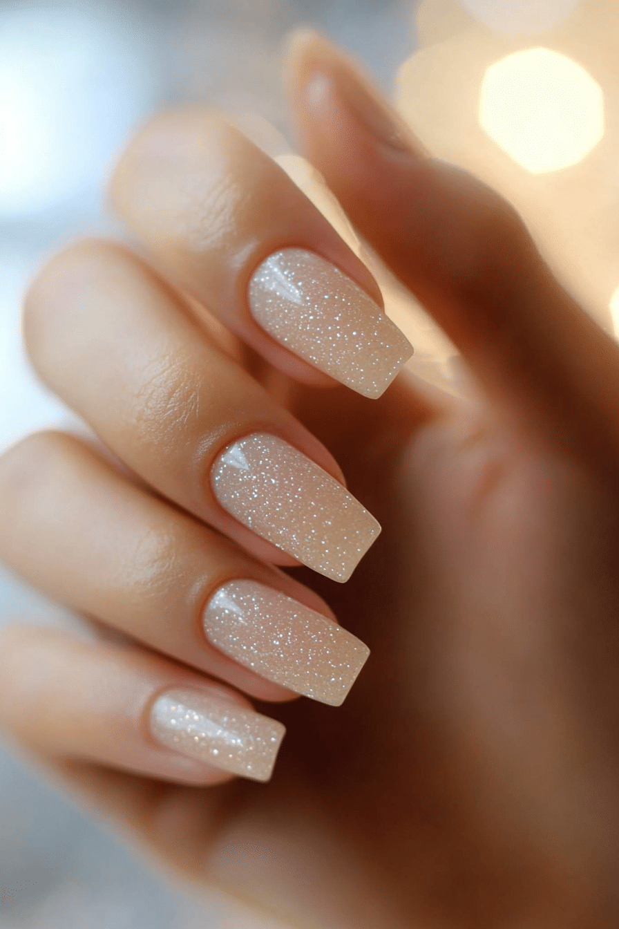 17. Creamy Beige with Micro Glitter Glow (Classy Nail Design Ideas) - Classy Nail Design Ideas
