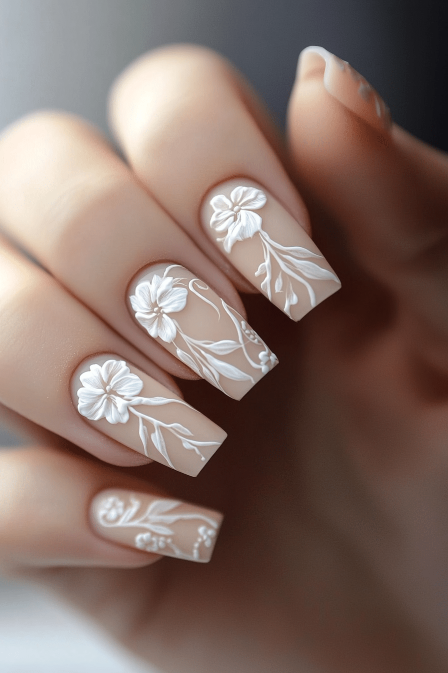 23. Light Beige Floral Detail (Classy Nail Design Ideas) - Classy Nail Design Ideas