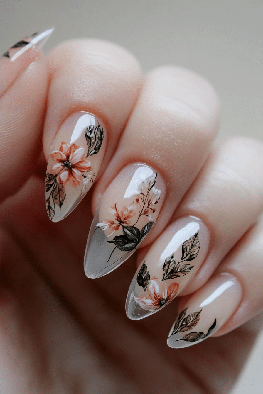 23. Light Beige Botanical Tips (Clear Nail Design Ideas) - Clear Nail Design Ideas